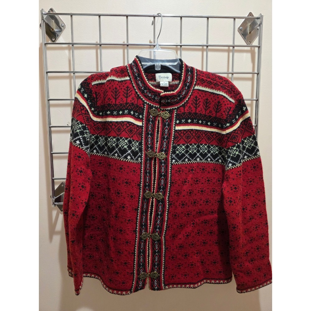 Cambridge Dry Goods Vintage Womens Wool Fair Isle Cardigan Red Nordic Clasps L
